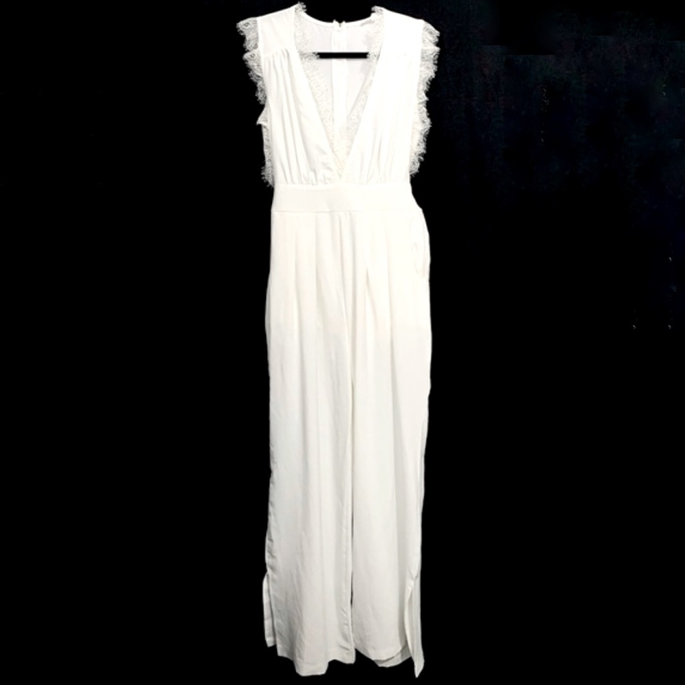 Newbury Kustom Ivory Lace Trim Wide Leg Jumpsuit